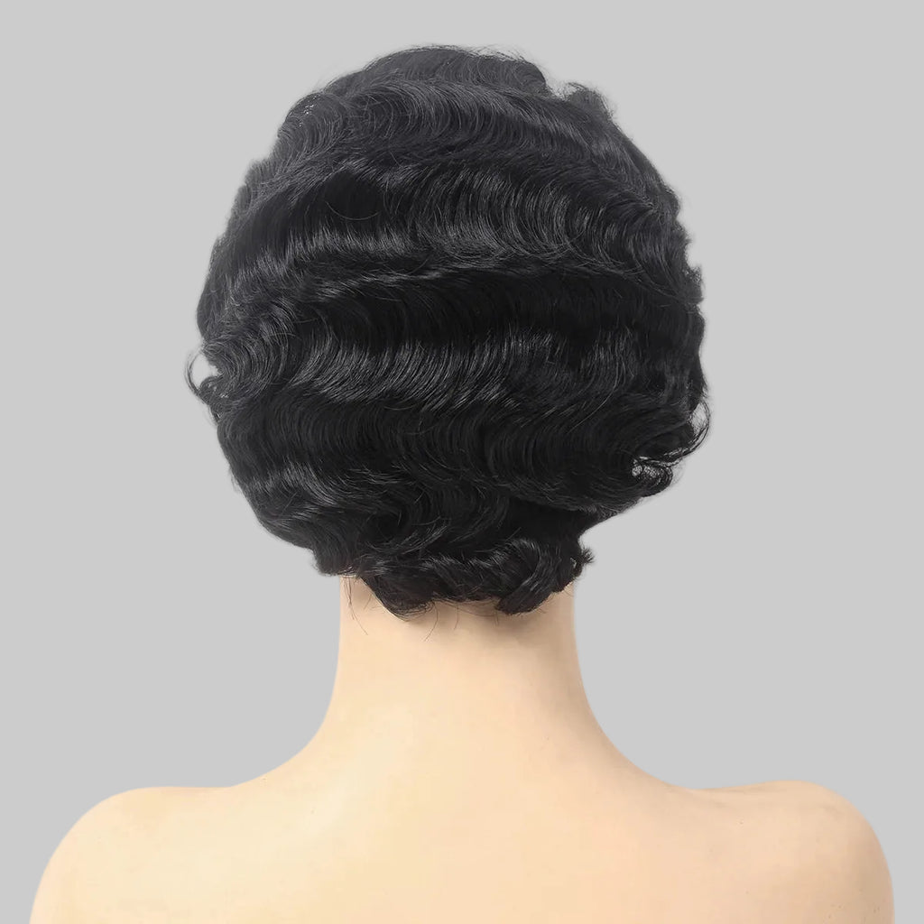 Elegant 1920s Finger Wave Wig - Short Curly Flapper Wig with Oblique Bangs (12 Inches)