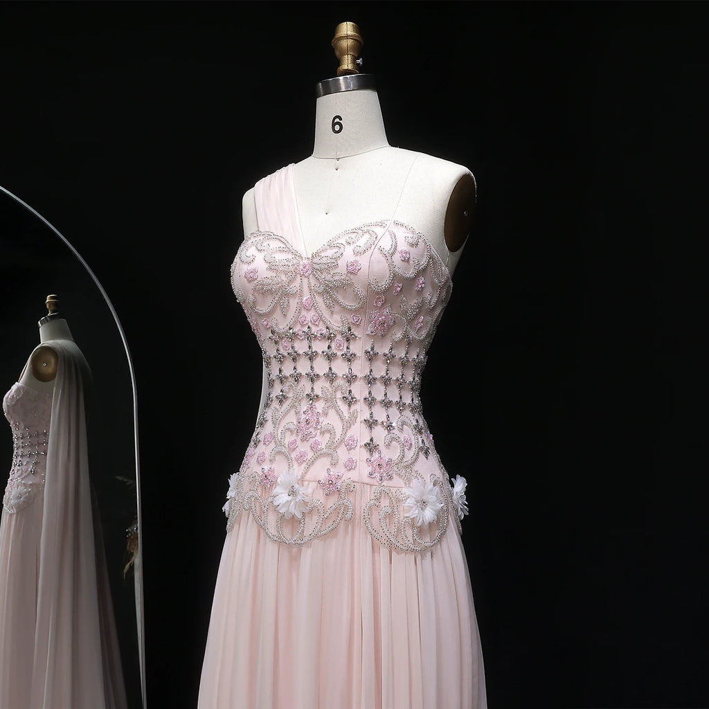 3D Floral One-Shoulder A-Line Pageant Gown | Crystal Beaded | White & Blush Pink