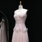 3D Floral One-Shoulder A-Line Pageant Gown | Crystal Beaded | White & Blush Pink