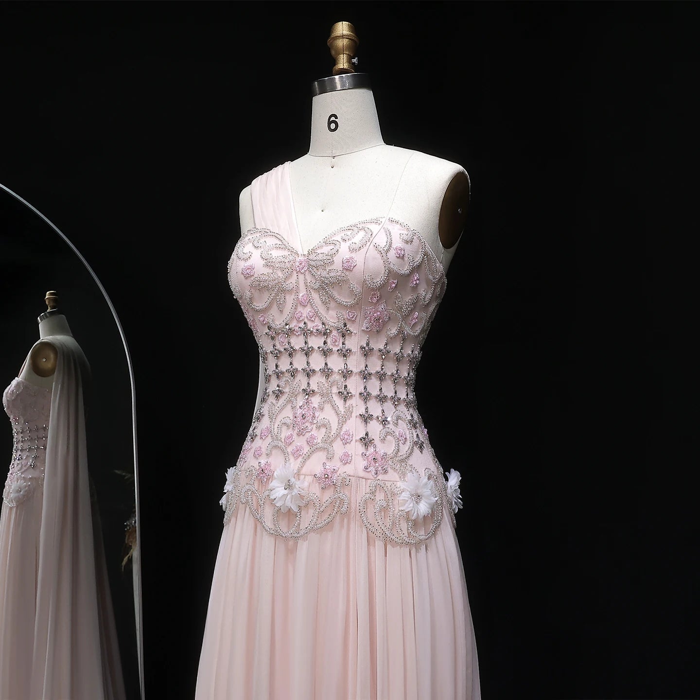 3D Floral One-Shoulder A-Line Pageant Gown | Crystal Beaded | White & Blush Pink