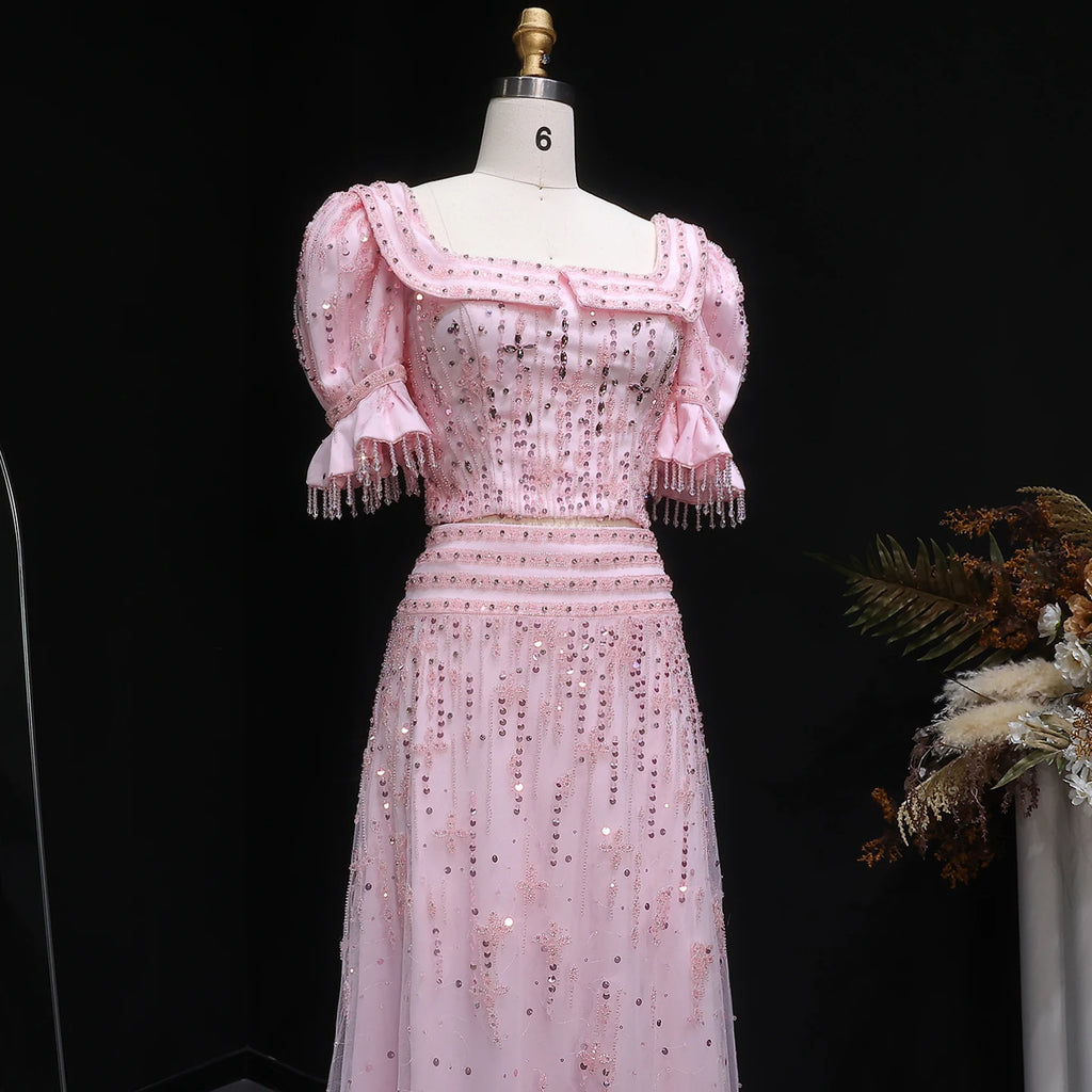 Crystal Two-Piece A-Line Gown | Puff Sleeves | Square Neck