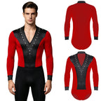 Men's Rhinestone Dance Leotard | V-Neck & Satin Collar | Long Sleeve