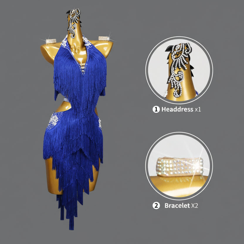 Blue Rhinestone Latin Dance Competition Dress
