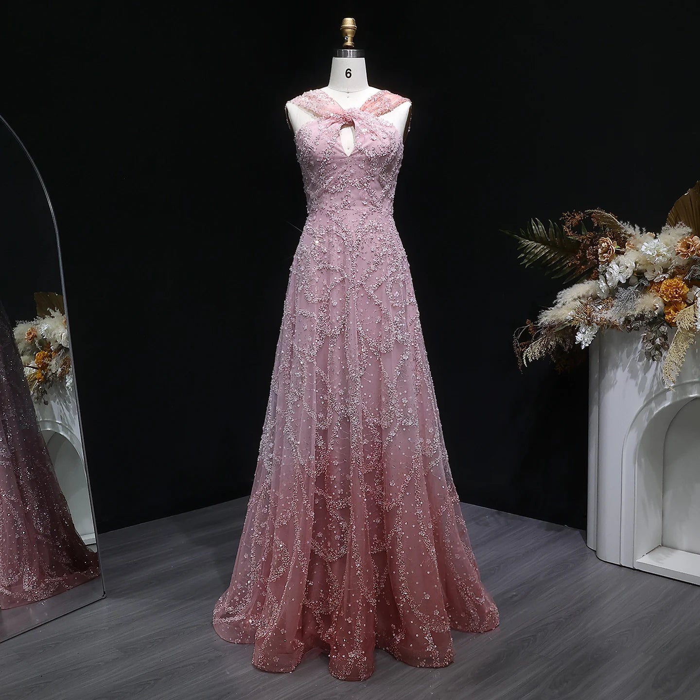Pearl Beaded V-Neck A-Line Pageant Gown | Criss-Cross | Gray & Gradient Pink