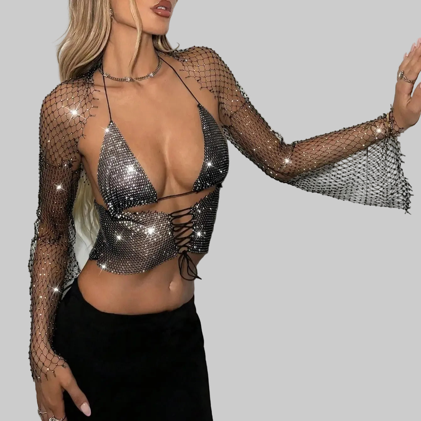 Rhinestone Mesh Halter Crop Top - Sheer V-Neck Fishnet Tee