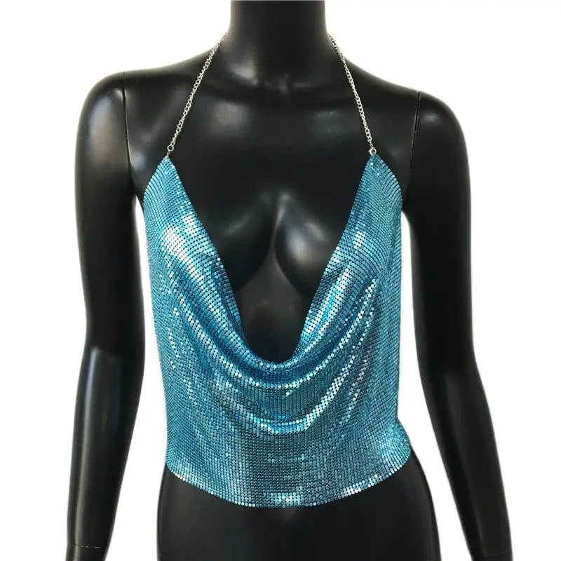Metallic Sequin Crop Tank - Backless Performance Top