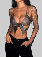 Rhinestone Mesh Long Sleeve Crop Top - Backless Sheer Cover-Up