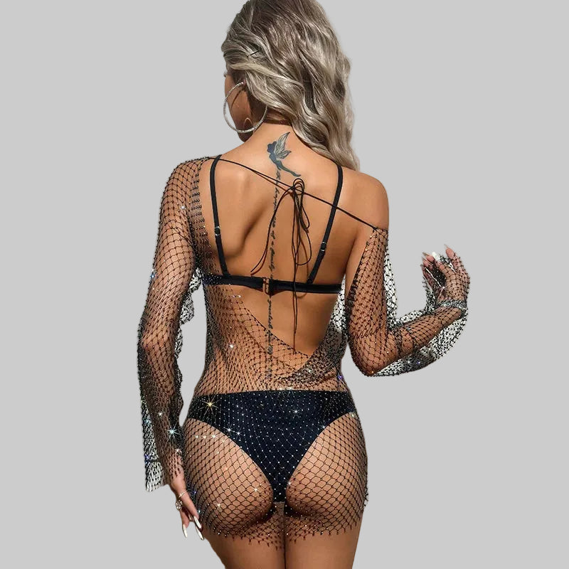 Rhinestone Fishnet Mini Dress - Backless Long Sleeve Cover Up