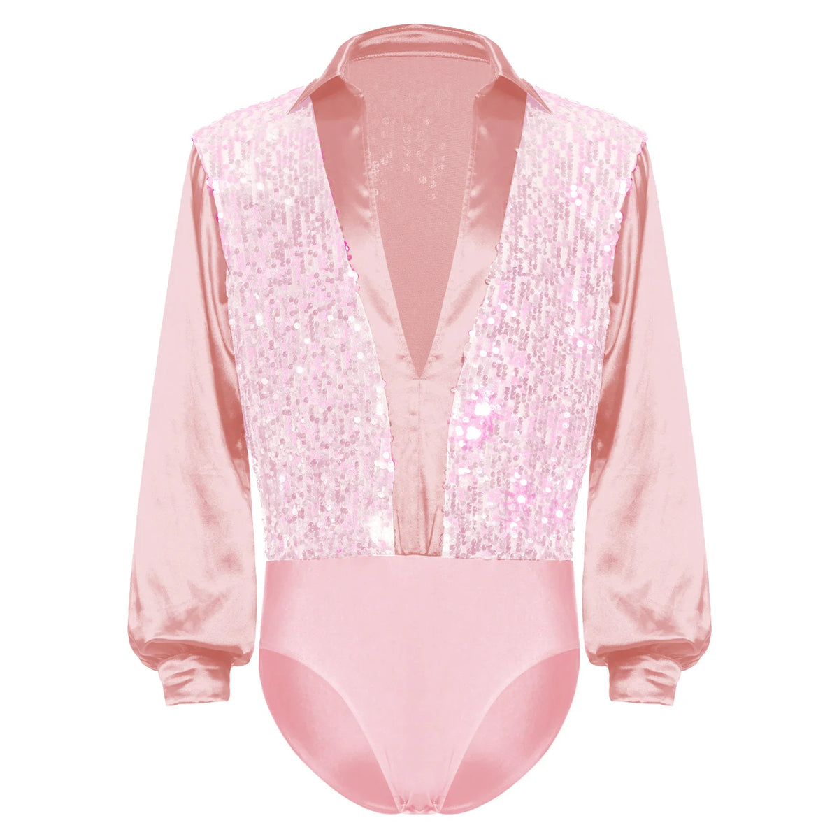 Men's Sequin V-Neck Dance Bodysuit | Satin Long Sleeves & Snap Crotch | Latin & Ballet