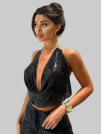Metallic Sequin Halter Crop Top - Backless Deep V-Neck