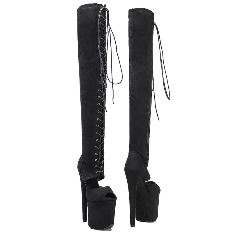 20cm Black Suede Over-Knee Boots - Open Toe Platform Dance Boots