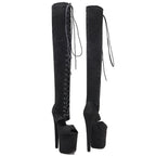 20cm Black Suede Over-Knee Boots - Open Toe Platform Dance Boots