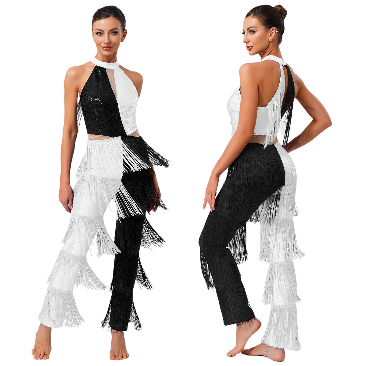 Latin Dance Jumpsuit | Sequin Contrast Fringe
