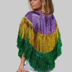 Dazzling Mardi Gras Sequin Fringe Poncho Top & Skirt Set - Stage & Festival Wear