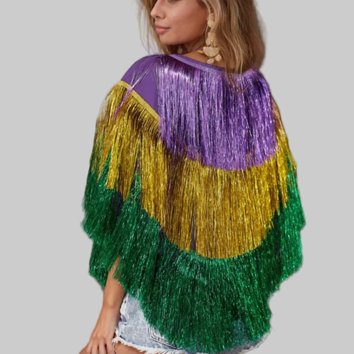 Dazzling Mardi Gras Sequin Fringe Poncho Top & Skirt Set - Stage & Festival Wear