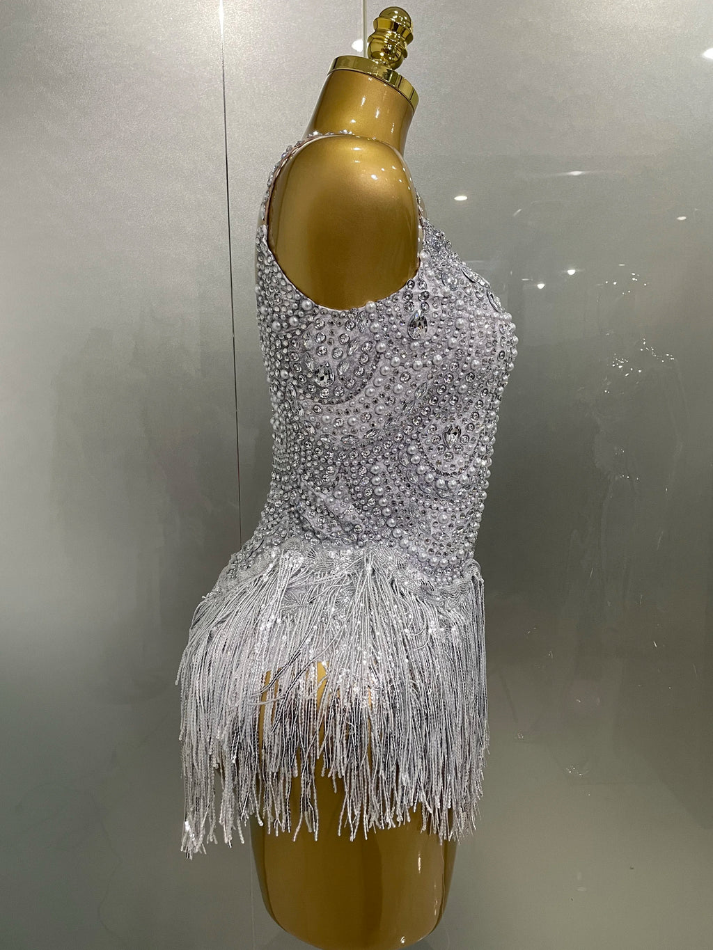 Rhinestone Pearl Tassel Bodysuit | Stage & Party | S–XL