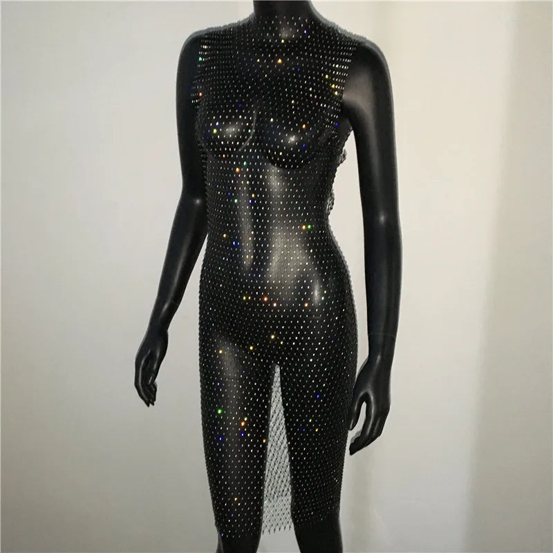 Rhinestone Fishnet Mini Dress - Sheer Cover-Up Party Dress