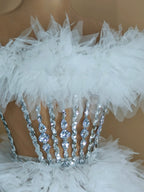 Dazzling White Feather & Rhinestone Showgirl Mini Dress - Performance & Cabaret Gown