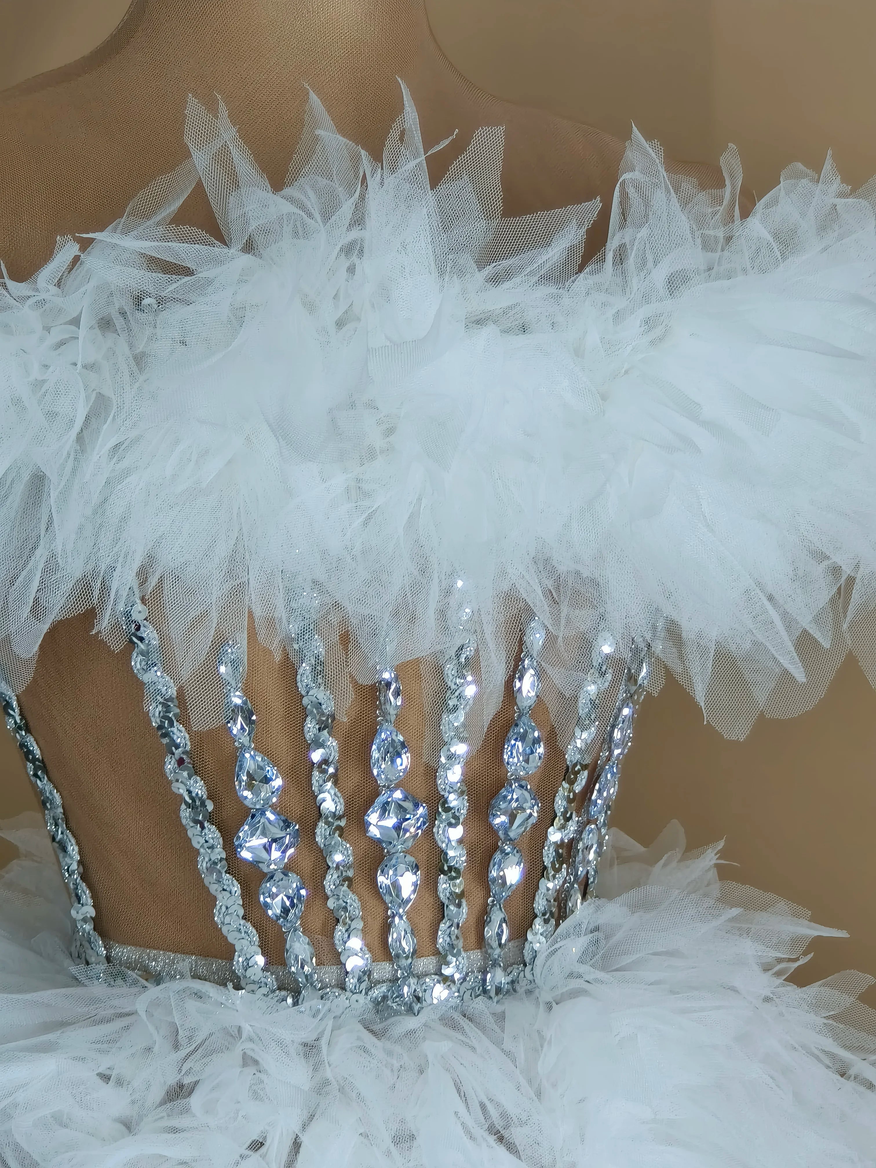 Dazzling White Feather & Rhinestone Showgirl Mini Dress - Performance & Cabaret Gown