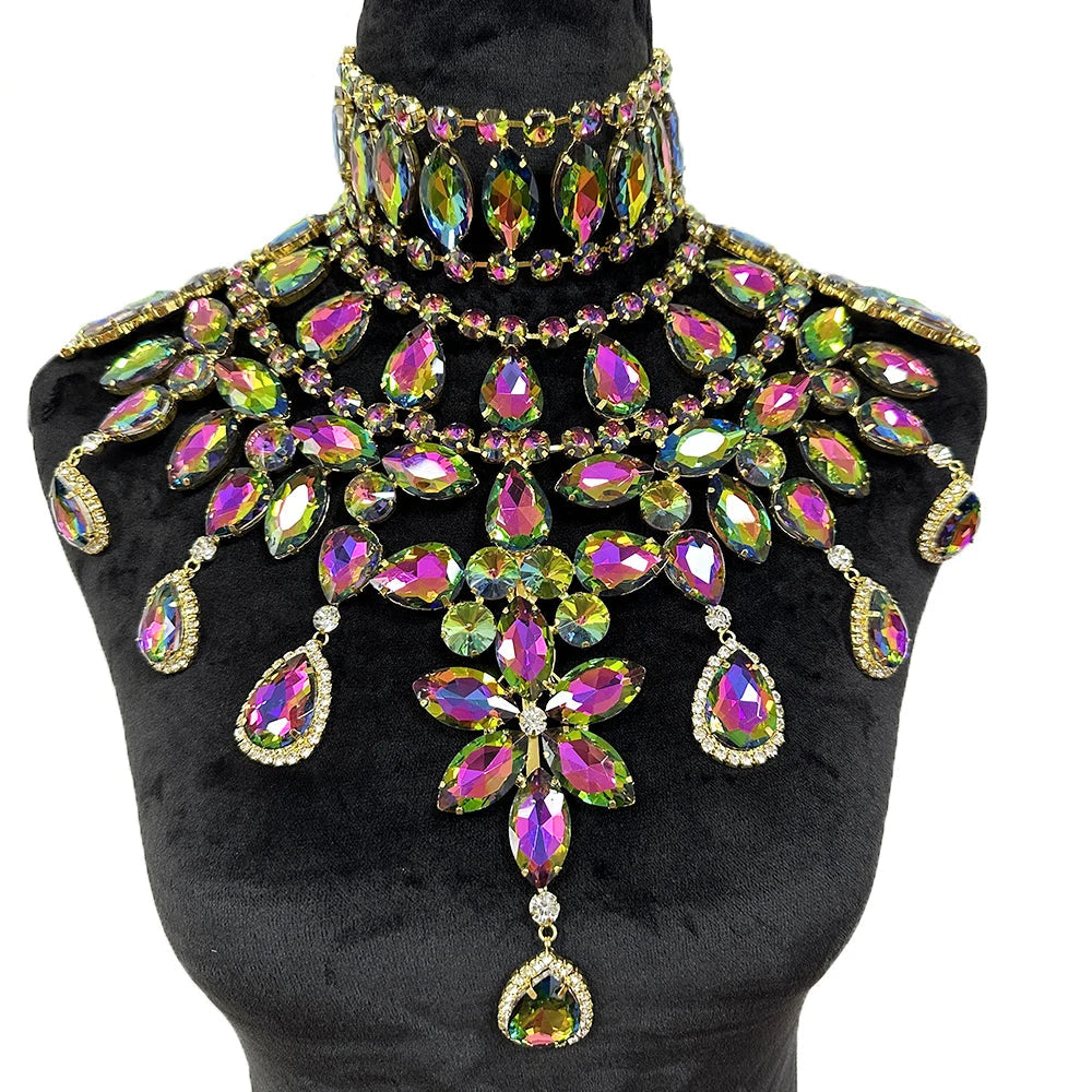 Crystal Rhinestone Statement Necklace & Choker Set | Drag & Stage | 7 Colors