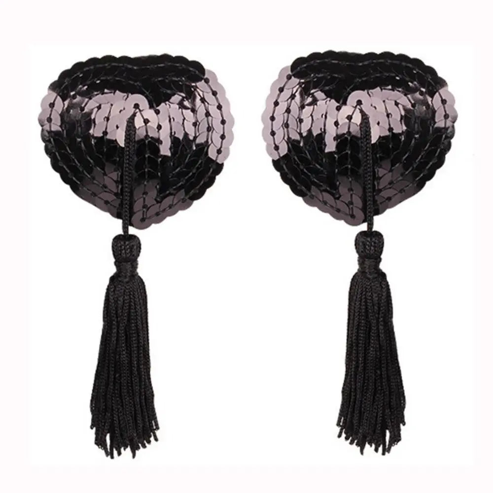 Sequin Heart Tassel Nipple Covers - Reusable Self-Adhesive Pasties for Performers