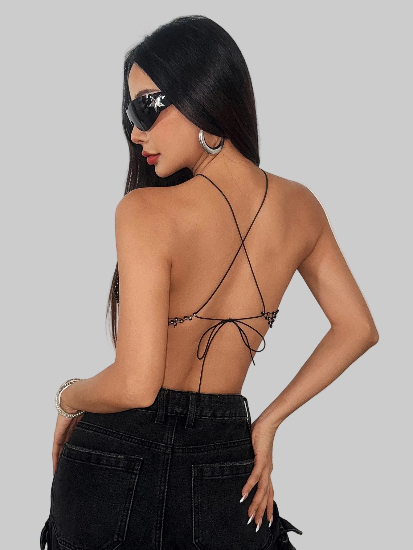 Rhinestone Butterfly Fishnet Crop Top - Sheer Halter