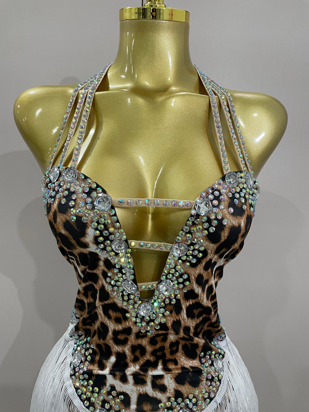 Leopard Print Rhinestone Tassel Bodysuit | Halter | S–XL