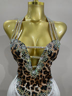 Leopard Print Rhinestone Tassel Bodysuit | Halter | S–XL