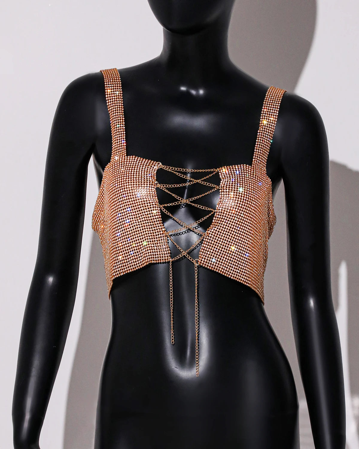 Rhinestone Metal Chain Crop Top - Backless V-Neck Camisole