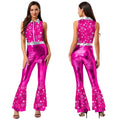 Women's Metallic Print 70s Disco Jumpsuit - Sleeveless Tiered Flare Performance Costume