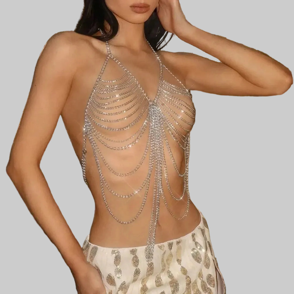 Metal Chain Tassel Body Chain Top - Backless Halter Sequin Tank