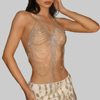 Metal Chain Tassel Body Chain Top - Backless Halter Sequin Tank