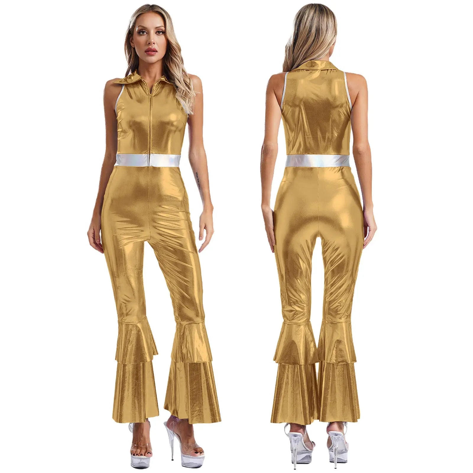 Women's Metallic Jumpsuit | Tiered Flare Sleeve | 70s Disco