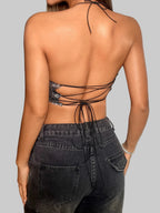 Rhinestone Fishnet Halter Crop Top - Backless Mesh Tank for Stage & Festival