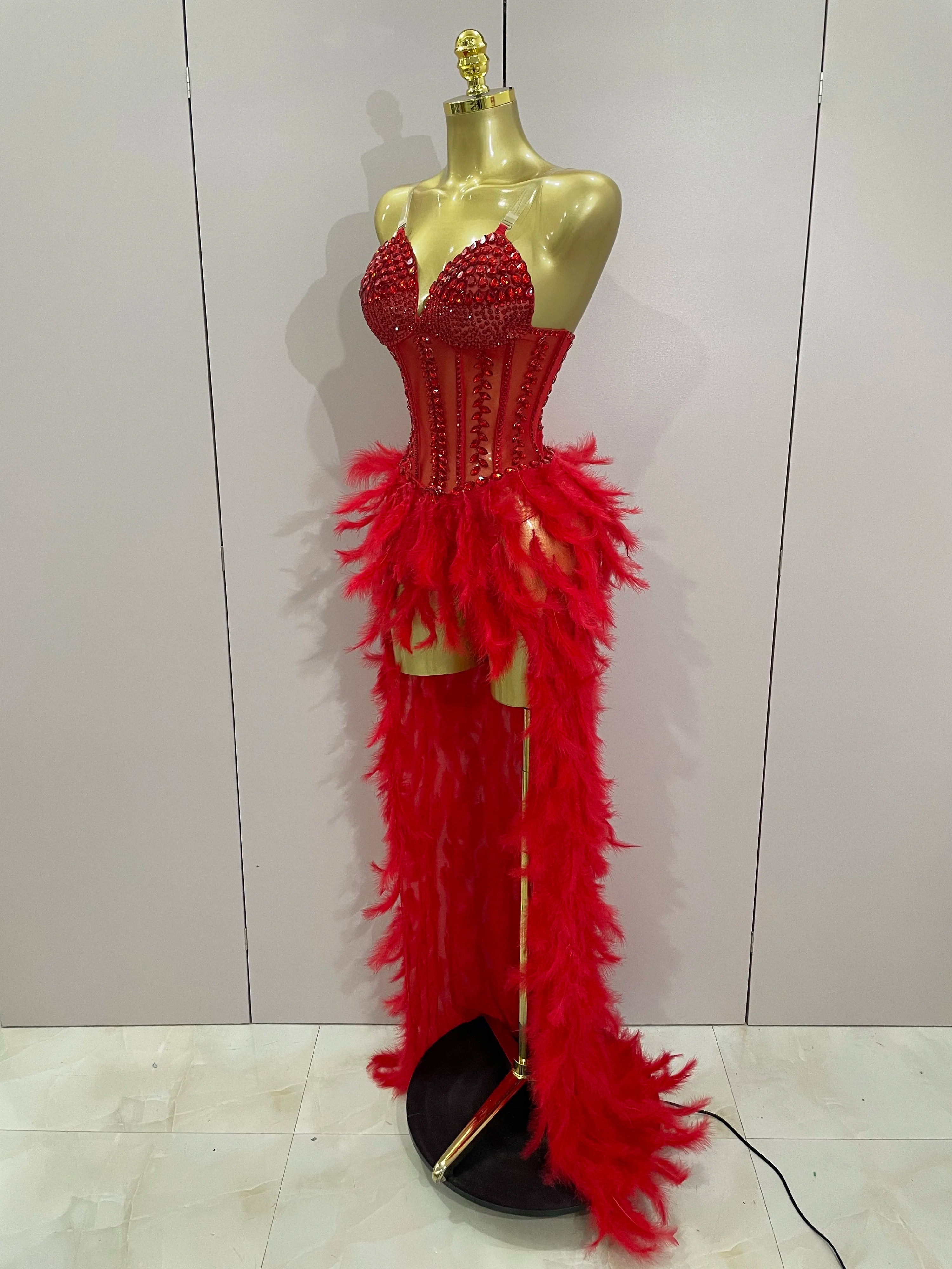 Rhinestone Corset Feather Gown | Long Feather Train | Red, Black & White