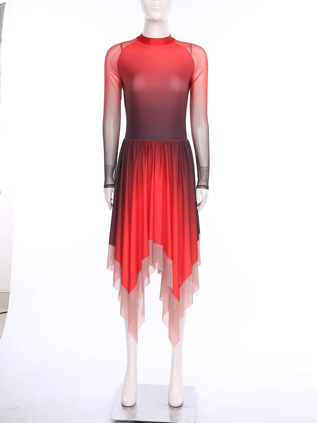 Gradient Lyrical Dance Dress | Mesh Long Sleeve | Keyhole Back | Irregular Hem