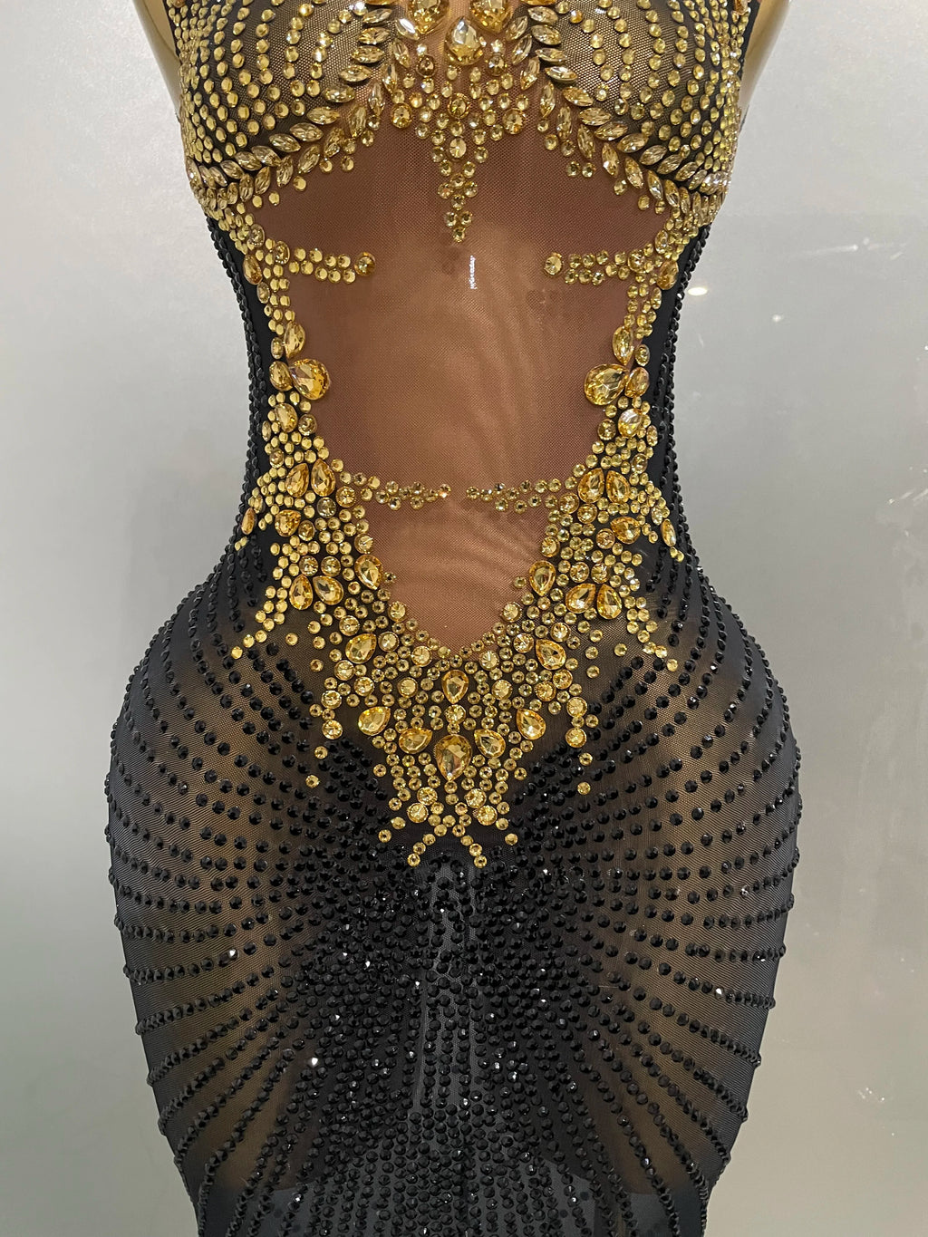 Gold Rhinestone Harness Gown | Sleeveless | Ankle-Length | Stage