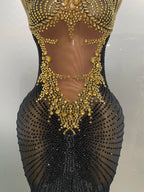 Gold Rhinestone Harness Gown | Sleeveless | Ankle-Length | Stage