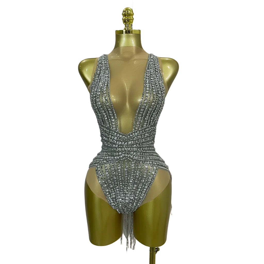 Silver Diamond Tassel Bodysuit | Stage & Club