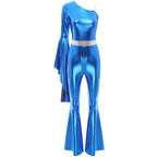Women's One-Shoulder Metallic Jumpsuit | Flare Sleeve | Bell Bottom