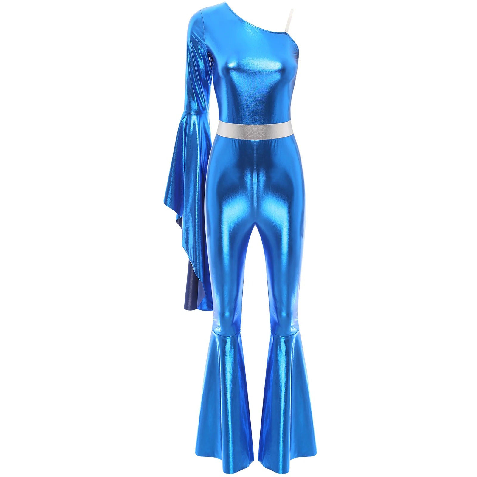 Women's One-Shoulder Metallic Jumpsuit | Flare Sleeve | Bell Bottom