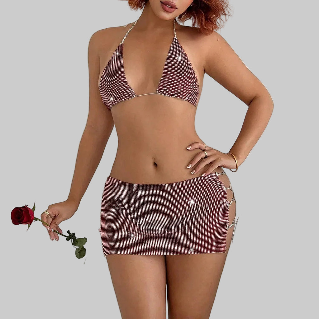 Rhinestone Backless Top & Mini Skirt Set - 2-Piece Festival Outfit