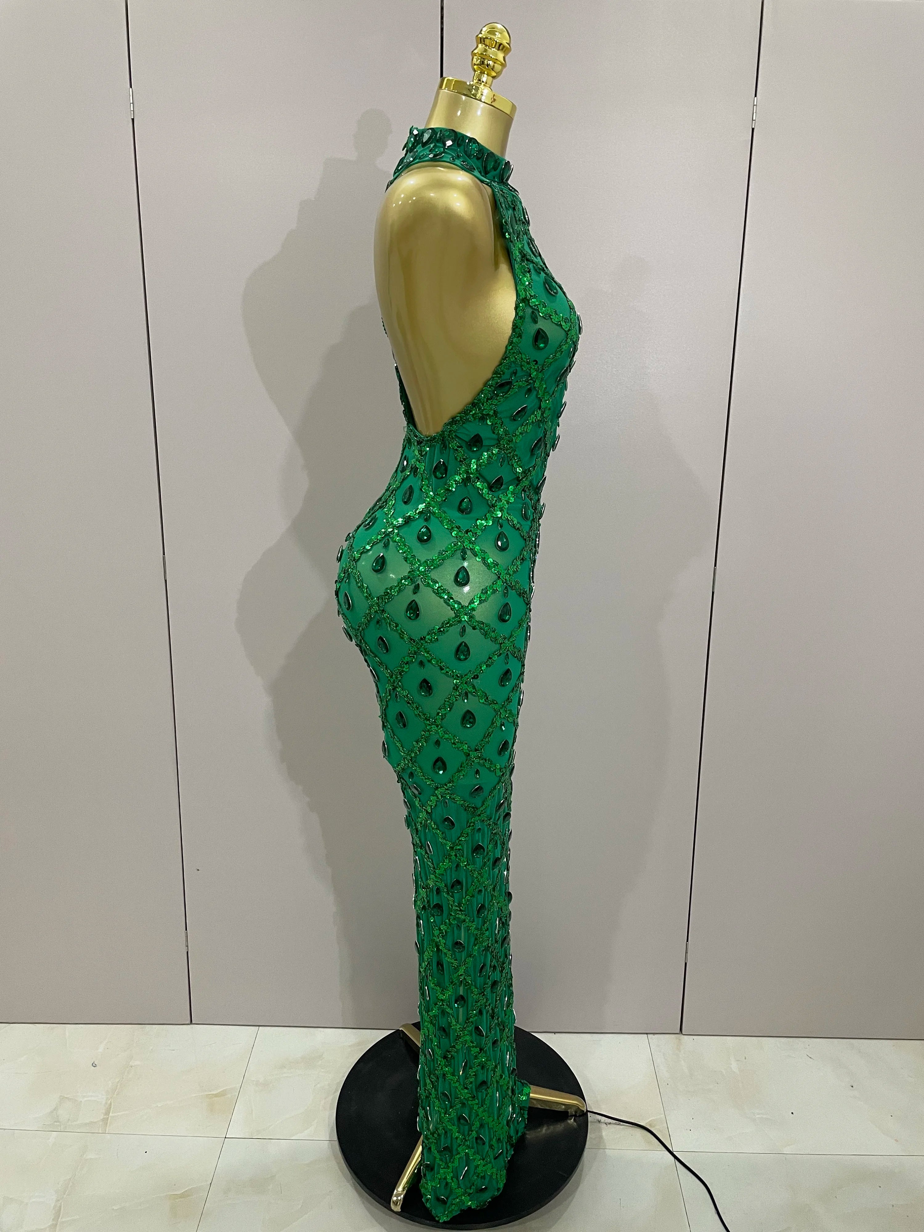 Diamond Sequin Mesh Halter Maxi Gown | Rhinestone | Stage