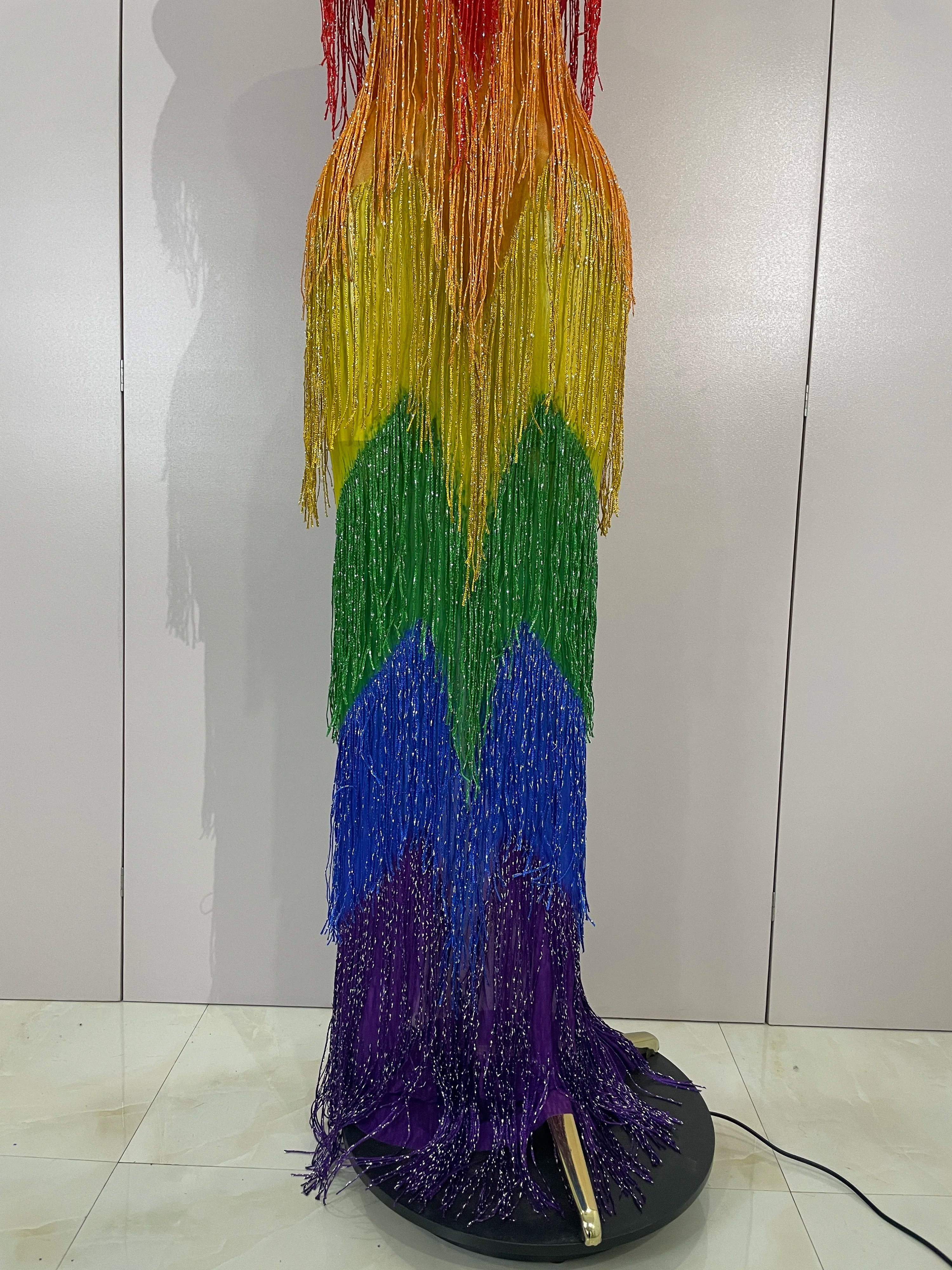 Rainbow Rhinestone Mesh Gown | Stage Performance Dress