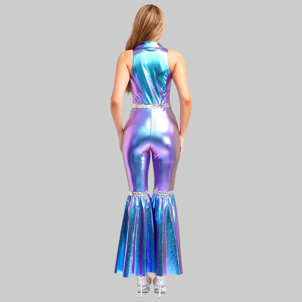 70s Disco Sequin Jumpsuit - Retro Bell Bottom Performance Romper