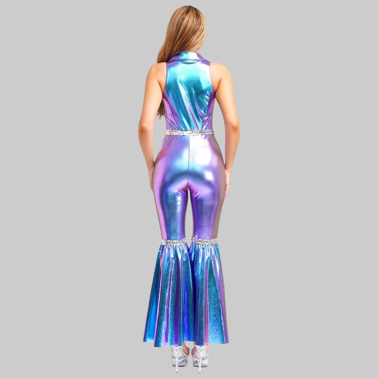 70s Disco Sequin Jumpsuit - Retro Bell Bottom Performance Romper