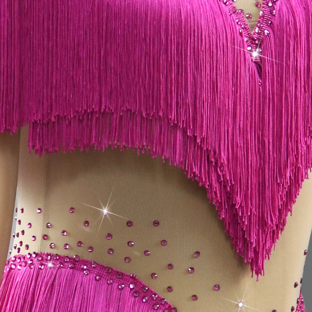 Latin Dance Dress – Rhinestone Fringe Long Sleeve