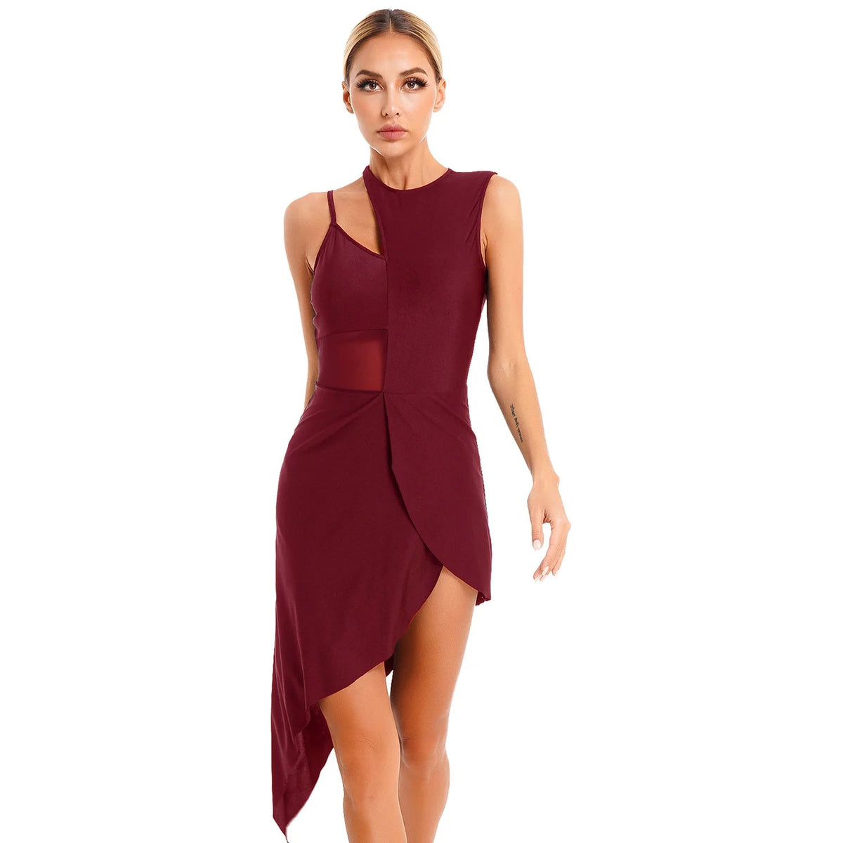 Women's Asymmetric Hem Dance Dress | Mesh & Lace Patchwork | Lyrical, Latin & Performance