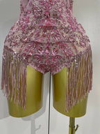 Rhinestone Tassel Bodysuit | Floral Appliqué | XS–XL