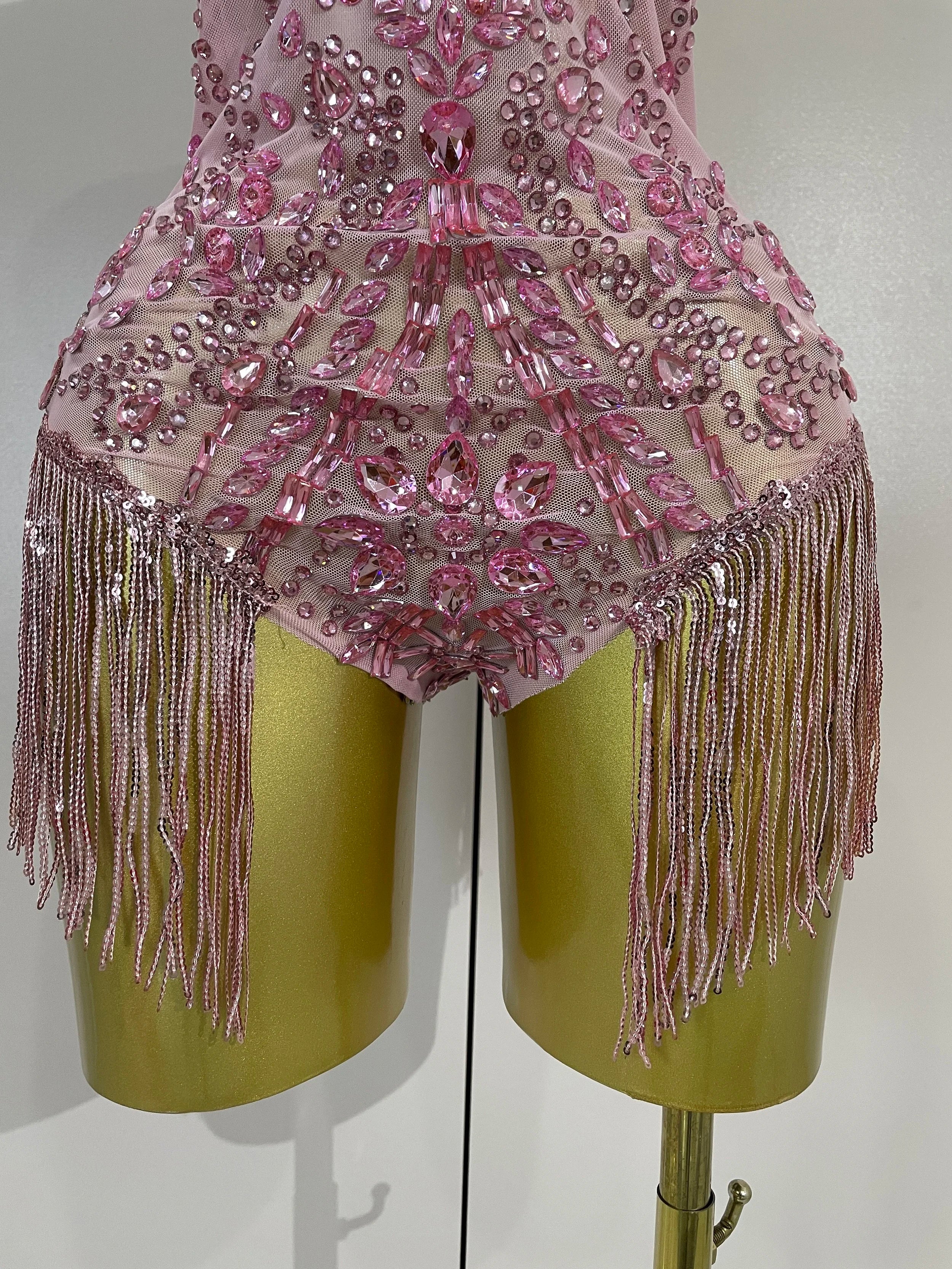 Rhinestone Tassel Bodysuit | Floral Appliqué | XS–XL